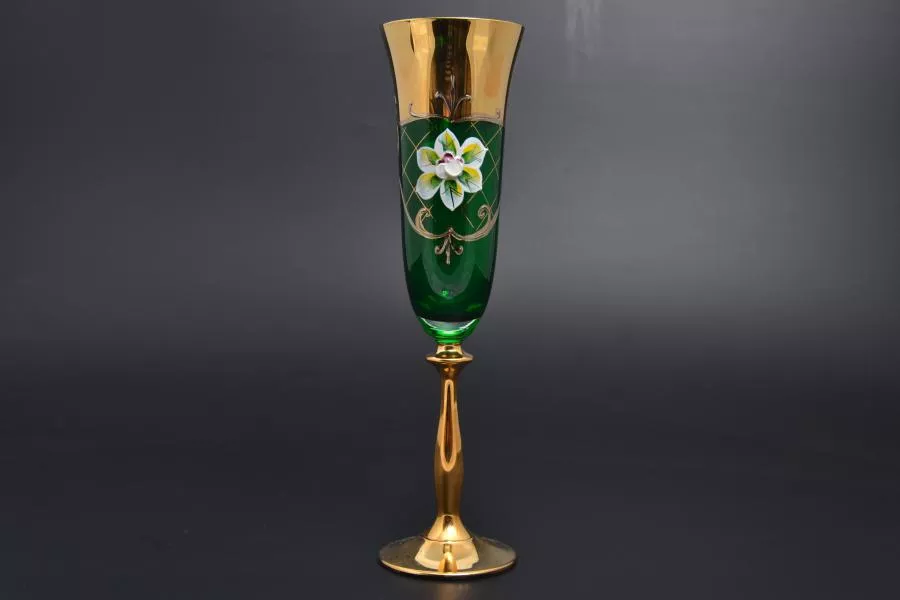 Набор фужеров для шампанского 180 мл Лепка зеленая U-R золотая ножка (6 шт)