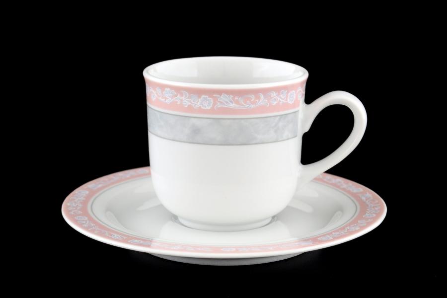 Набор кофейных пар Thun Яна Серый мрамор с розовым кантом 145мл (6 пар)