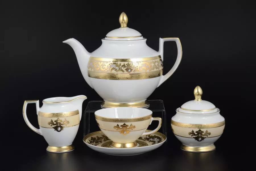 Чайный сервиз на 6 персон Falkenporzellan Alena 3D Creme Gold Constanza 17 предметов