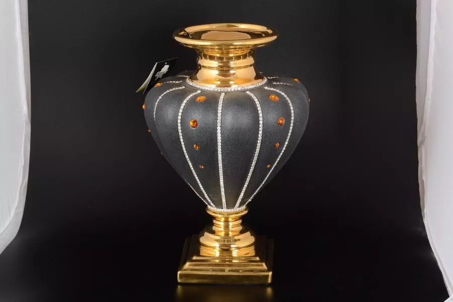 Ваза Ceramiche Stella Сирийский антрацит с золотом с кристаллами Сваровски d-24, h-40см