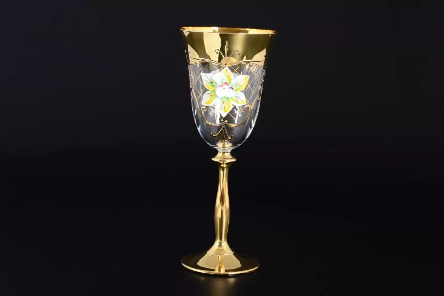 Набор бокалов для вина 250 мл Лепка прозрачная U-R золотая ножка (6 шт)