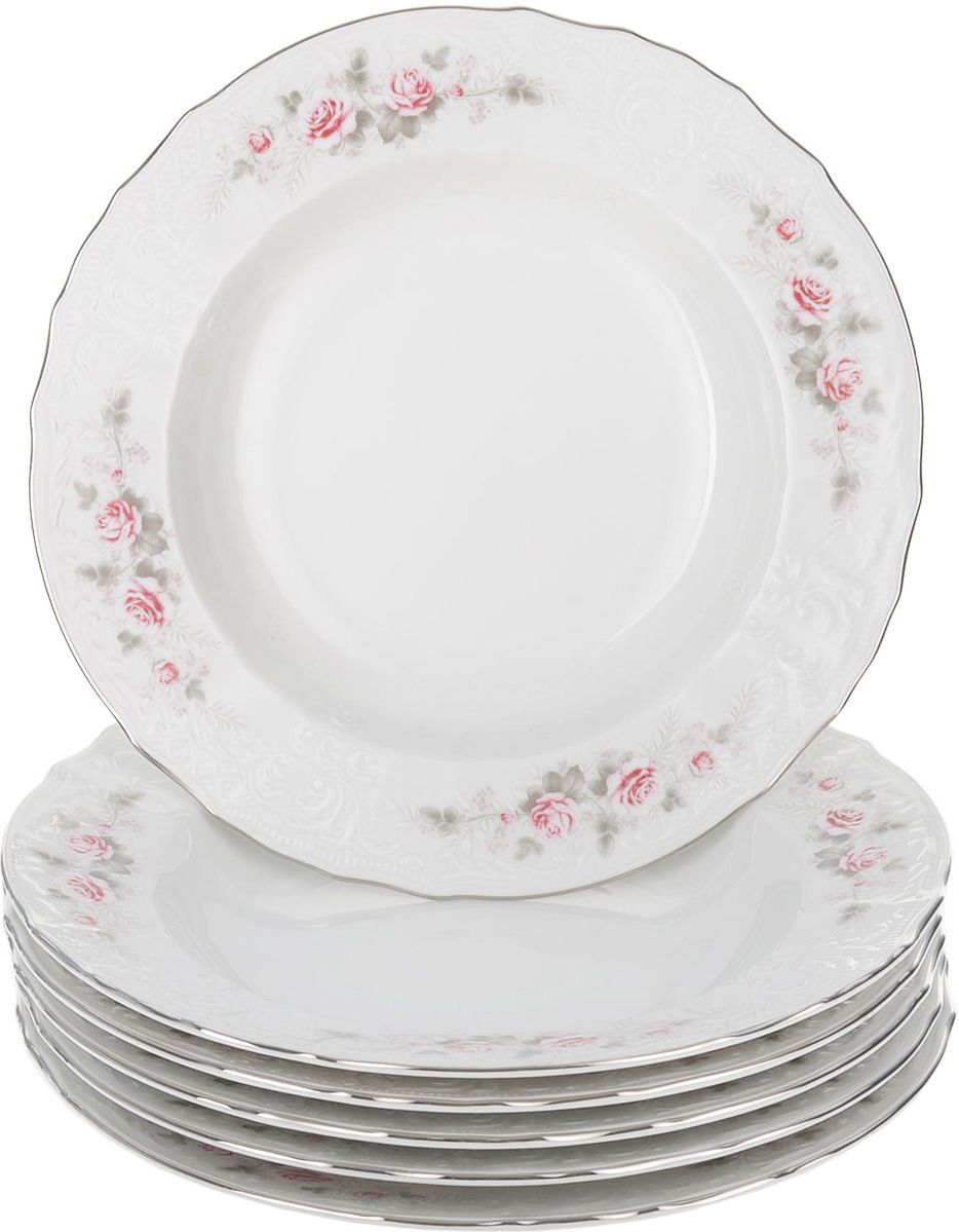 Тарелки 23см. Посуда сервиз Bernadotte", декор "бледные розы, отводка платина". Тарелка мелкая Bernadotte, декор «бледные розы, отводка платина», 25 см.